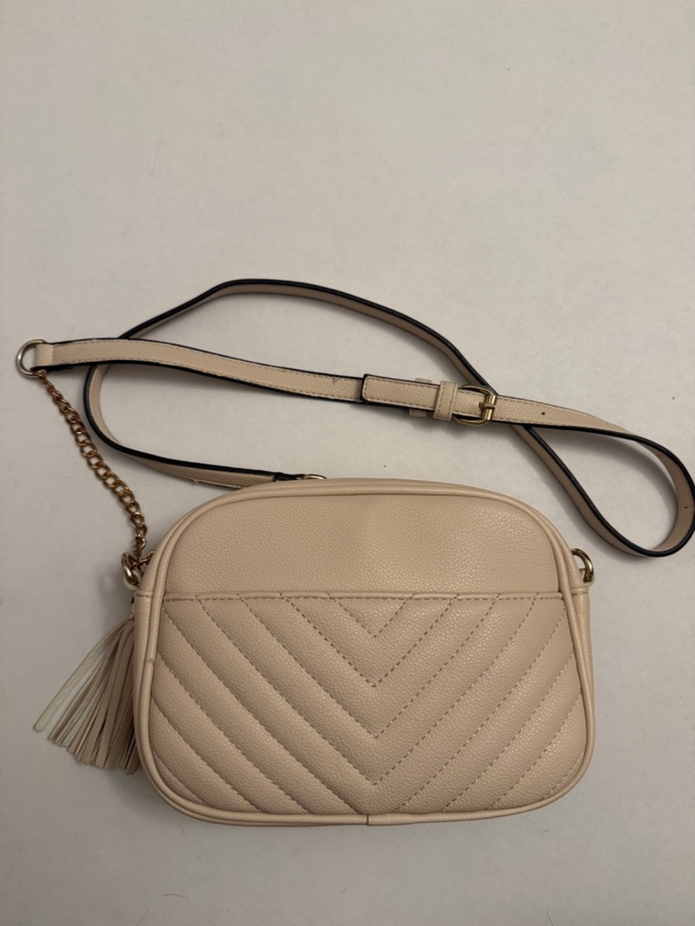 Cream Quilted Crossbody Bag with Tassel